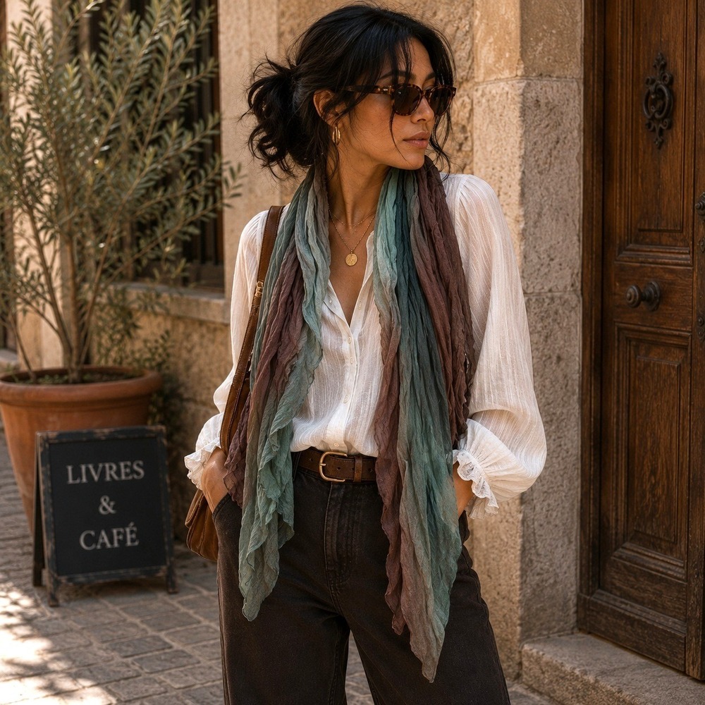 Green Brown Ombre Crinkle Scarf Pleated Lightweight Oversized Shawl Wrap